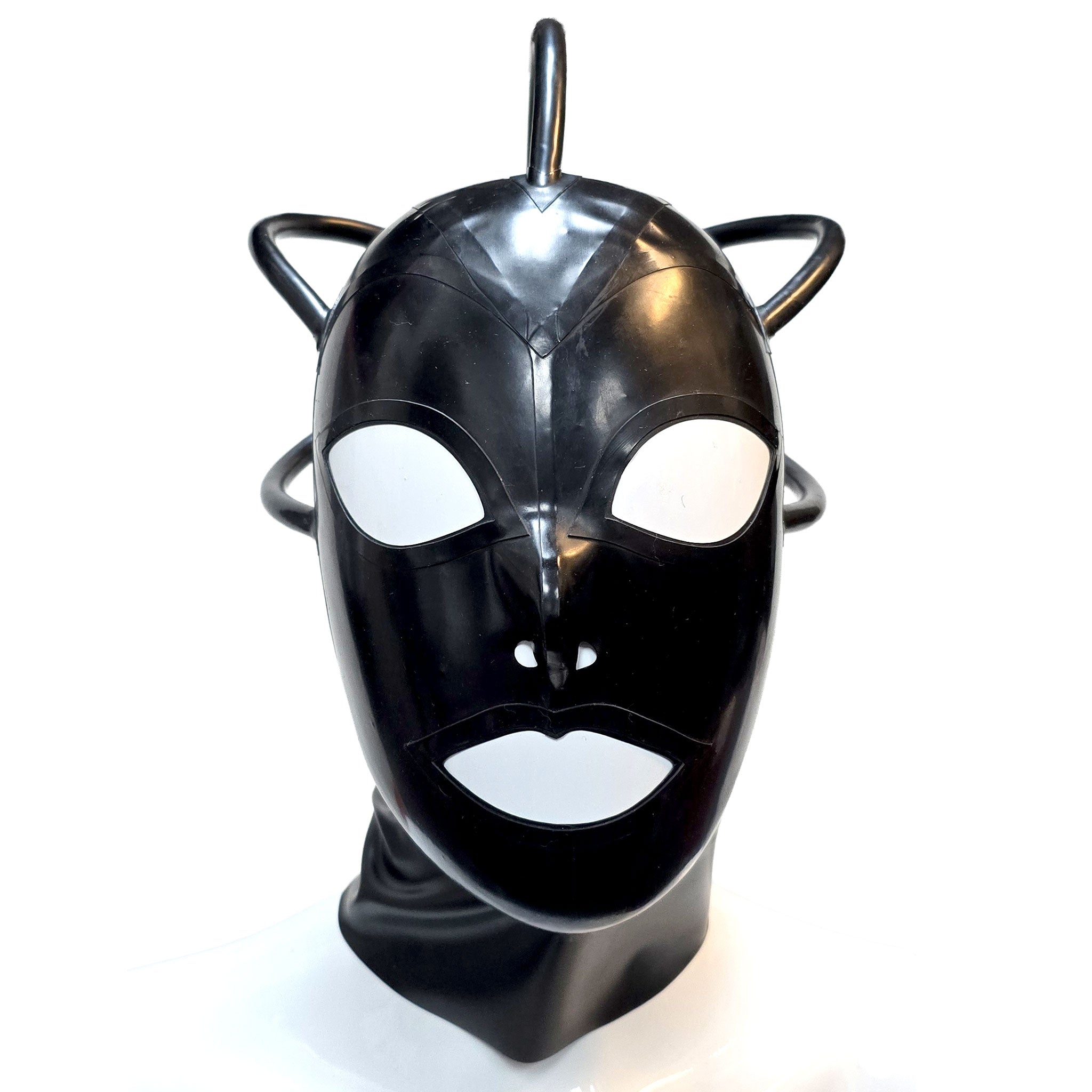 Latex rubber accessories mask hood latex-hood full-face anatomical rubber-tube hollow-crown cranial-tube arrowhead-base zipper back-zip hair-shield arching arcing shiny glossy form-fitting sexy scary mysterious fetish fashion alt-fashion alternative punk goth gothic cyber cyberpunk festival bondage bdsm bdsm-gead bdsm-toys kink kinky kinkwear roleplay role-play cyborg robot alien borg borg-queen star-trek sci-fi science-fiction costume cosplay halloween unisex black
