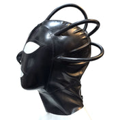 Latex rubber accessories mask hood latex-hood full-face anatomical rubber-tube hollow-crown cranial-tube arrowhead-base zipper back-zip hair-shield arching arcing shiny glossy form-fitting sexy scary mysterious fetish fashion alt-fashion alternative punk goth gothic cyber cyberpunk festival bondage bdsm bdsm-gead bdsm-toys kink kinky kinkwear roleplay role-play cyborg robot alien borg borg-queen star-trek sci-fi science-fiction costume cosplay halloween unisex black