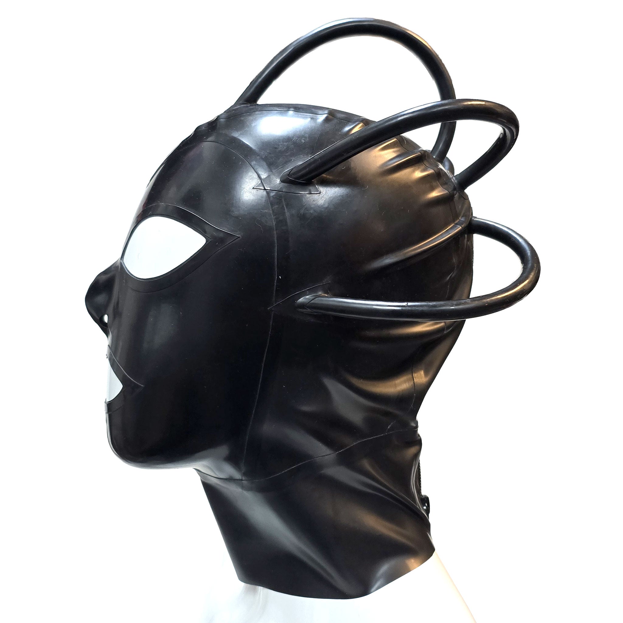 Latex rubber accessories mask hood latex-hood full-face anatomical rubber-tube hollow-crown cranial-tube arrowhead-base zipper back-zip hair-shield arching arcing shiny glossy form-fitting sexy scary mysterious fetish fashion alt-fashion alternative punk goth gothic cyber cyberpunk festival bondage bdsm bdsm-gead bdsm-toys kink kinky kinkwear roleplay role-play cyborg robot alien borg borg-queen star-trek sci-fi science-fiction costume cosplay halloween unisex black