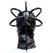 Latex rubber accessories mask hood latex-hood full-face anatomical rubber-tube hollow-crown cranial-tube arrowhead-base zipper back-zip hair-shield arching arcing shiny glossy form-fitting sexy scary mysterious fetish fashion alt-fashion alternative punk goth gothic cyber cyberpunk festival bondage bdsm bdsm-gead bdsm-toys kink kinky kinkwear roleplay role-play cyborg robot alien borg borg-queen star-trek sci-fi science-fiction costume cosplay halloween unisex black