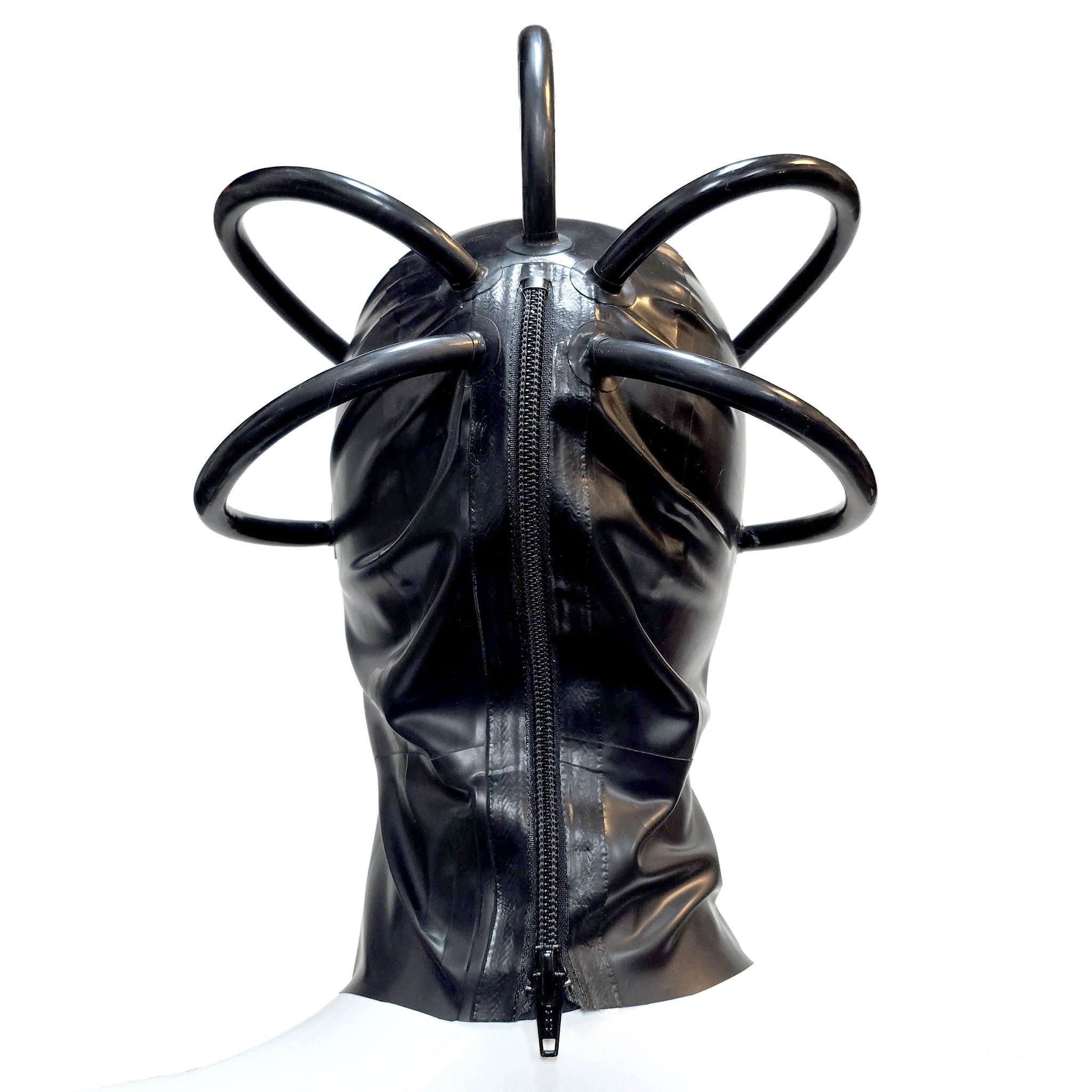 Latex rubber accessories mask hood latex-hood full-face anatomical rubber-tube hollow-crown cranial-tube arrowhead-base zipper back-zip hair-shield arching arcing shiny glossy form-fitting sexy scary mysterious fetish fashion alt-fashion alternative punk goth gothic cyber cyberpunk festival bondage bdsm bdsm-gead bdsm-toys kink kinky kinkwear roleplay role-play cyborg robot alien borg borg-queen star-trek sci-fi science-fiction costume cosplay halloween unisex black