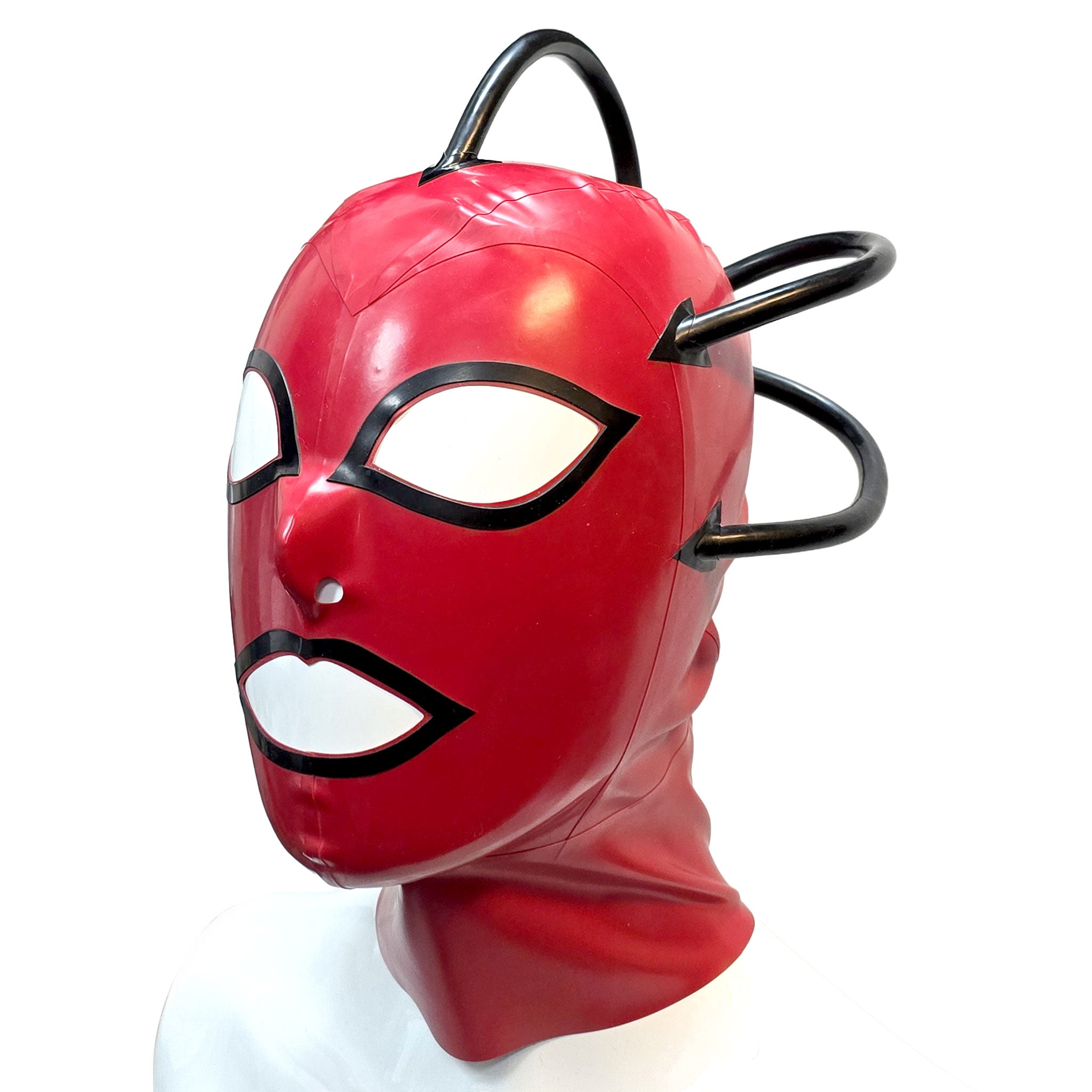 Latex rubber accessories mask hood latex-hood full-face anatomical rubber-tube hollow-crown cranial-tube arrowhead-base zipper back-zip hair-shield arching arcing shiny glossy form-fitting sexy scary mysterious fetish fashion alt-fashion alternative punk goth gothic cyber cyberpunk festival bondage bdsm bdsm-gead bdsm-toys kink kinky kinkwear roleplay role-play cyborg robot alien borg borg-queen star-trek sci-fi science-fiction costume cosplay halloween unisex red-black