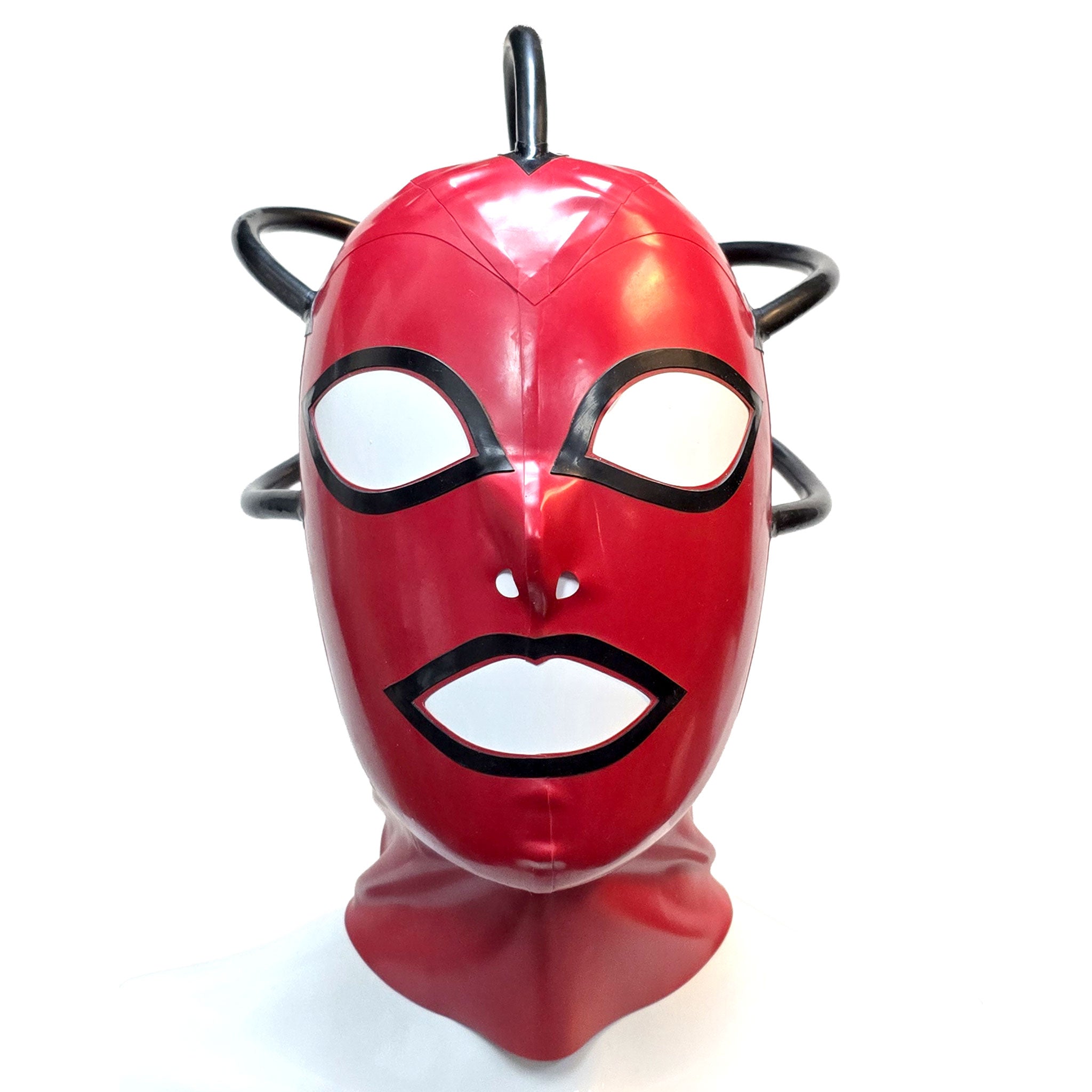 Latex rubber accessories mask hood latex-hood full-face anatomical rubber-tube hollow-crown cranial-tube arrowhead-base zipper back-zip hair-shield arching arcing shiny glossy form-fitting sexy scary mysterious fetish fashion alt-fashion alternative punk goth gothic cyber cyberpunk festival bondage bdsm bdsm-gead bdsm-toys kink kinky kinkwear roleplay role-play cyborg robot alien borg borg-queen star-trek sci-fi science-fiction costume cosplay halloween unisex red-black