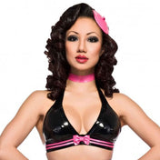 Latex rubber apparel tops intimates lingerie latex-lingerie bra brassiere bralette halter-neck bow double-lines deep-cleavage shaped-cups press-stud snap-button back-closure uplifting simple gorgeous shiny glossy fetish fashion alt-fashion alternative punk goth gothic cyber bedroom kink kinky kinkwear costume cosplay halloween valentine be-mine female femme feminine womens black-pink