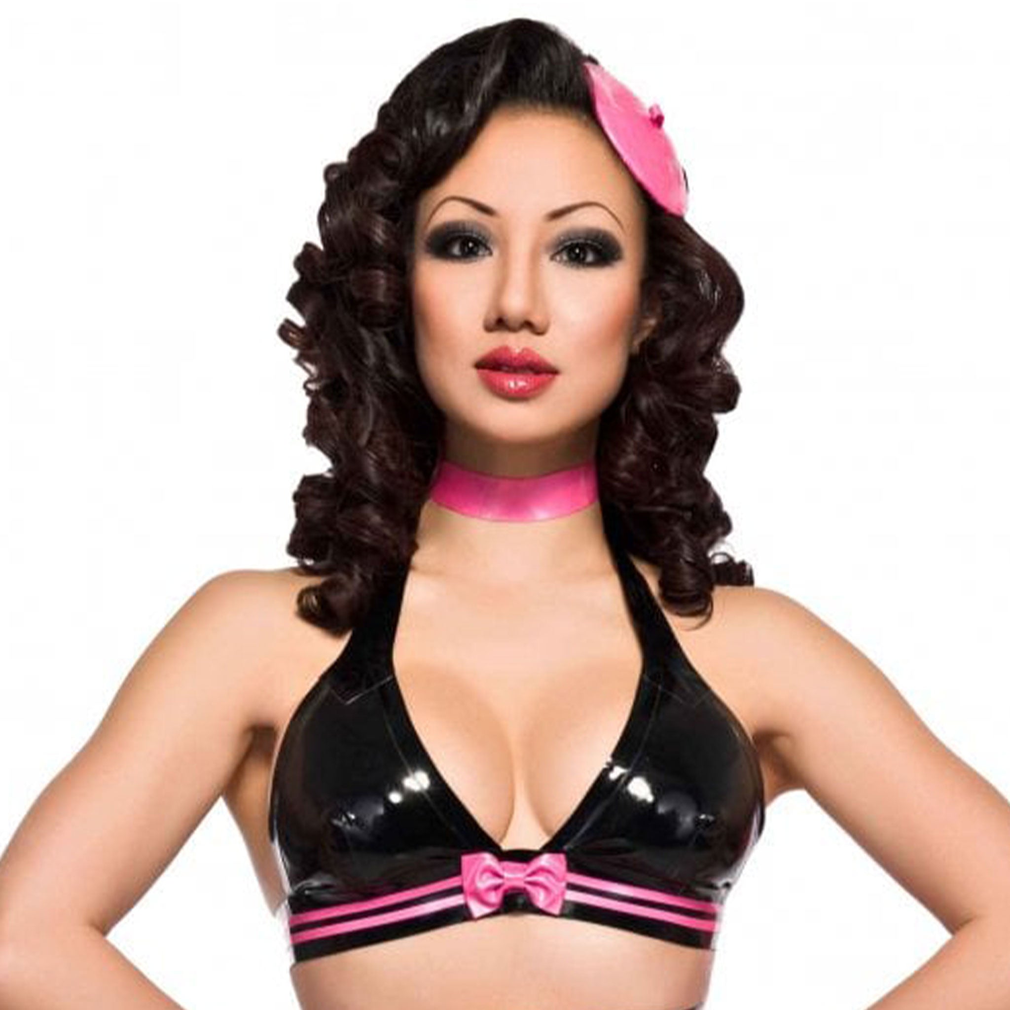 Latex rubber apparel tops intimates lingerie latex-lingerie bra brassiere bralette halter-neck bow double-lines deep-cleavage shaped-cups press-stud snap-button back-closure uplifting simple gorgeous shiny glossy fetish fashion alt-fashion alternative punk goth gothic cyber bedroom kink kinky kinkwear costume cosplay halloween valentine be-mine female femme feminine womens black-pink