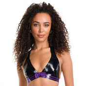 Latex rubber apparel tops intimates lingerie latex-lingerie bra brassiere bralette halter-neck bow double-lines deep-cleavage shaped-cups press-stud snap-button back-closure uplifting simple gorgeous shiny glossy fetish fashion alt-fashion alternative punk goth gothic cyber bedroom kink kinky kinkwear costume cosplay halloween valentine be-mine female femme feminine womens black-purple