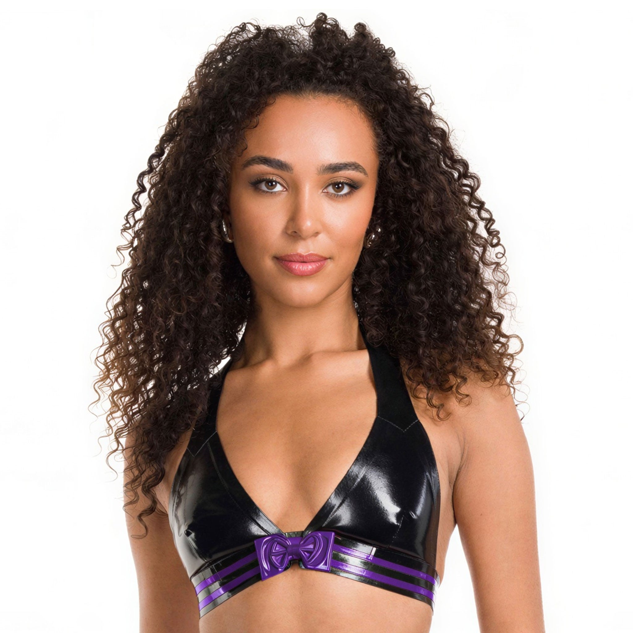 Latex rubber apparel tops intimates lingerie latex-lingerie bra brassiere bralette halter-neck bow double-lines deep-cleavage shaped-cups press-stud snap-button back-closure uplifting simple gorgeous shiny glossy fetish fashion alt-fashion alternative punk goth gothic cyber bedroom kink kinky kinkwear costume cosplay halloween valentine be-mine female femme feminine womens black-purple