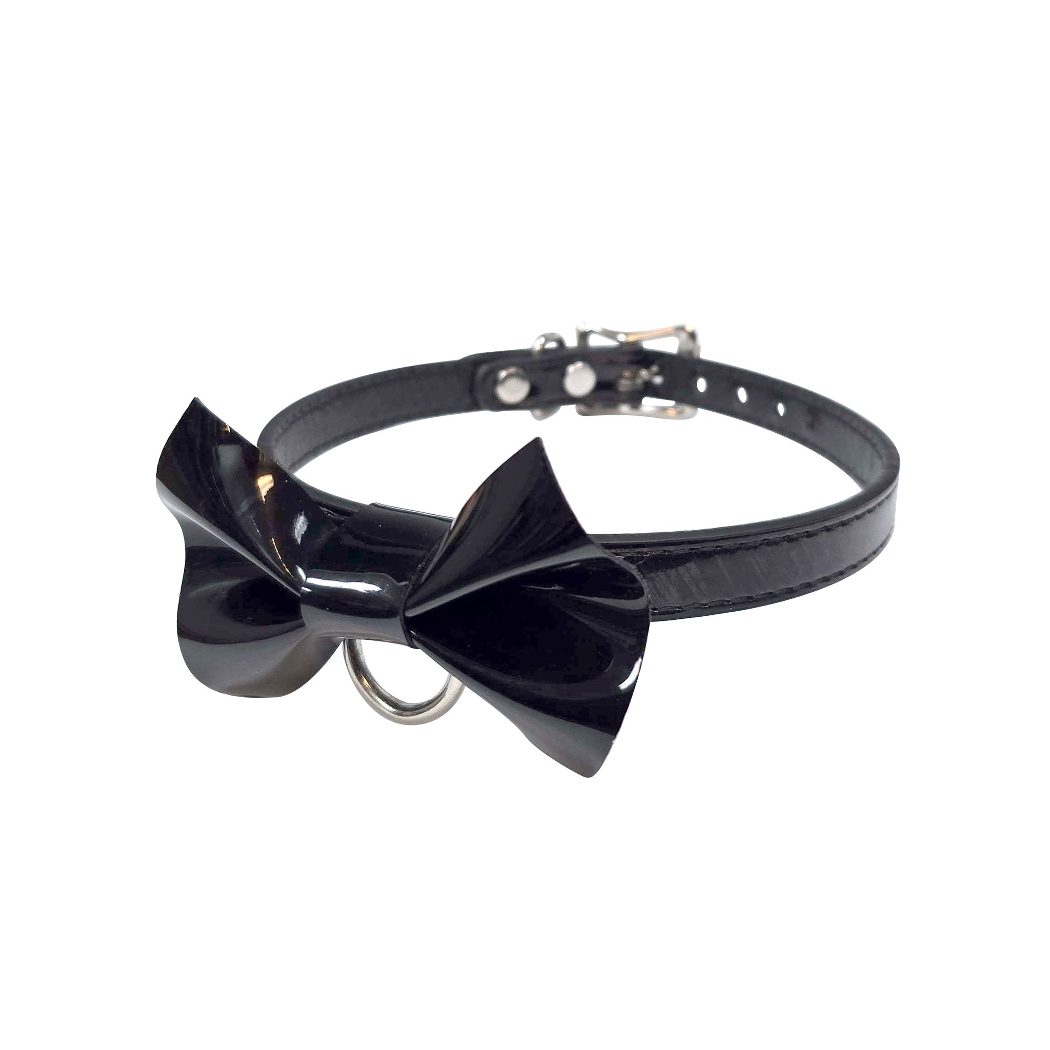 Leather choker collar bow-tie bow tie bowtie D-ring adjustable buckle thin fetish fashion bondage bdsm punk goth gothic rave rave-wear classy accessories black patent