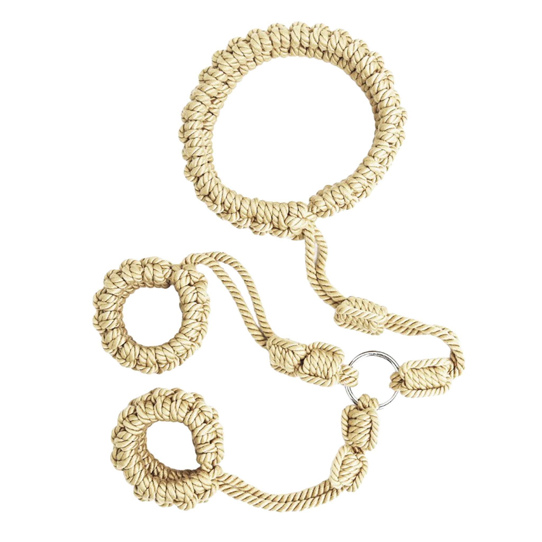 Polyester accessories restraints rope braided-rope wrist wrist-restraints neck collar rope-collar rope-cuffs connecting-rope O-ring adjustable sliding-knot fetish fashion alt-fashion alternative bedroom dungeon bondage bdsm bdsm-toys bdsm-gear kink kinky kinky-play tied-up sub submissive submission costume cosplay halloween adult-toys unisex beige