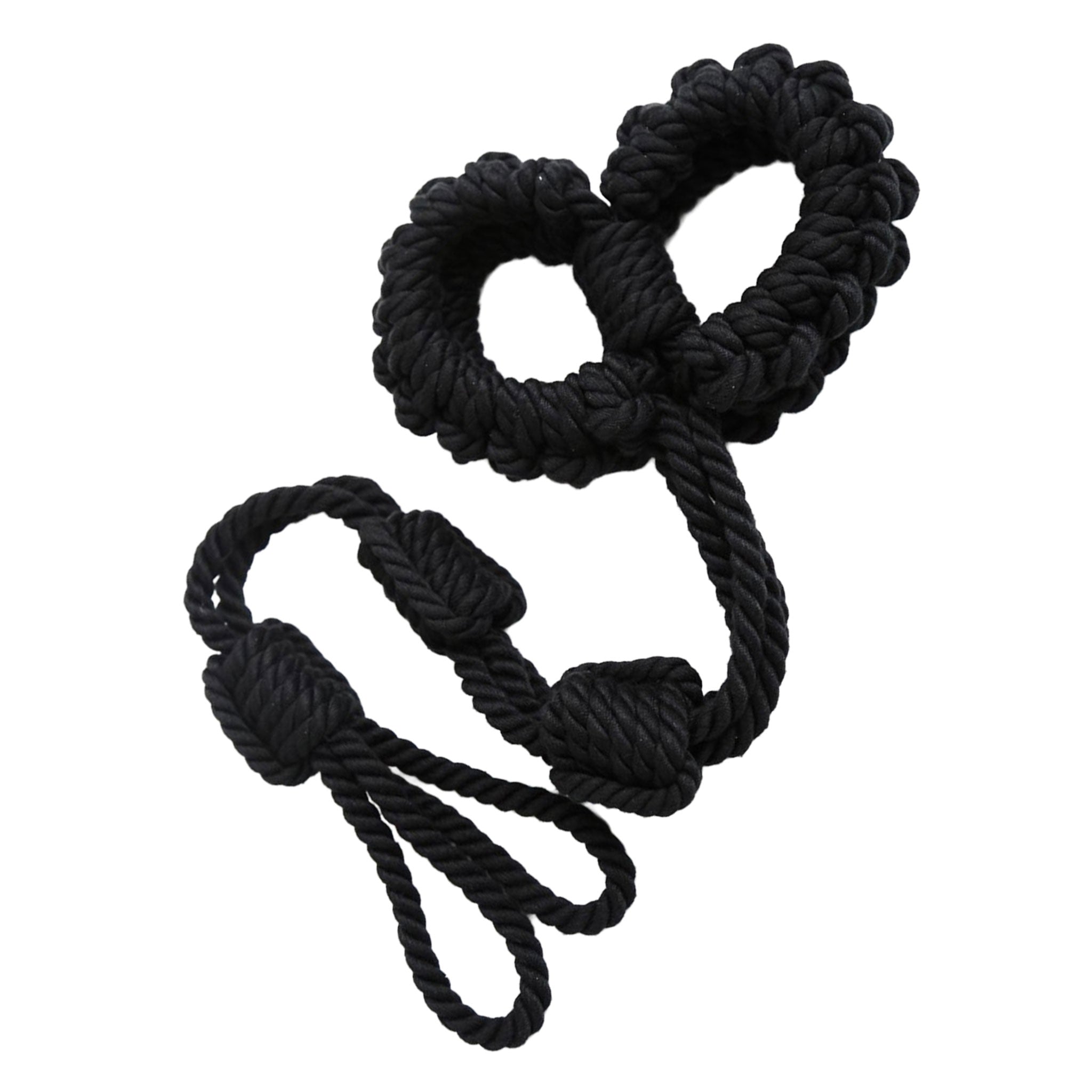 Polyester accessories restraints rope braided-rope handcuffs wrist-restraints wrist wrist-cuff ankle-restraints ankle ankle-cuff smooth comfortable secure fetish fashion alt-fashion alternative bedroom dungeon bondage bdsm bdsm-toys bdsm-gear kink kinky kinky-play kinky-toys costume cosplay halloween adult-toys unisex black