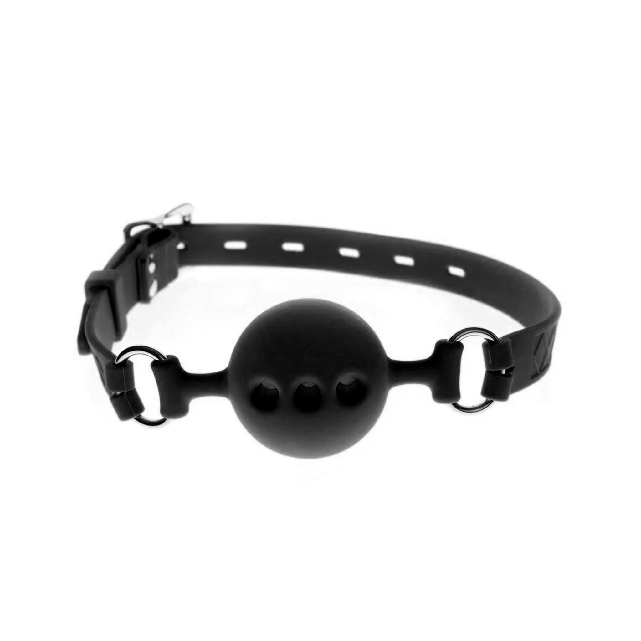Silicone accessories gag mouth-gag ball-gag breathable-gag ventilated three-holes O-ring textured-strap silicone-strap adjustable buckle locking lockable fetish fashion alt-fashion bondage bdsm bdsm-toys bdsm-gear restraints kink kinky kinky-play adult-toys black
