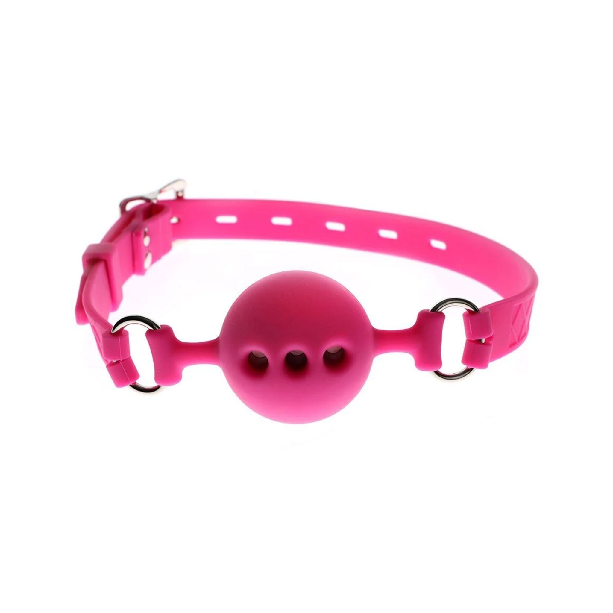 Silicone accessories gag mouth-gag ball-gag breathable-gag ventilated three-holes O-ring textured-strap silicone-strap adjustable buckle locking lockable fetish fashion alt-fashion bondage bdsm bdsm-toys bdsm-gear restraints kink kinky kinky-play adult-toys pink
