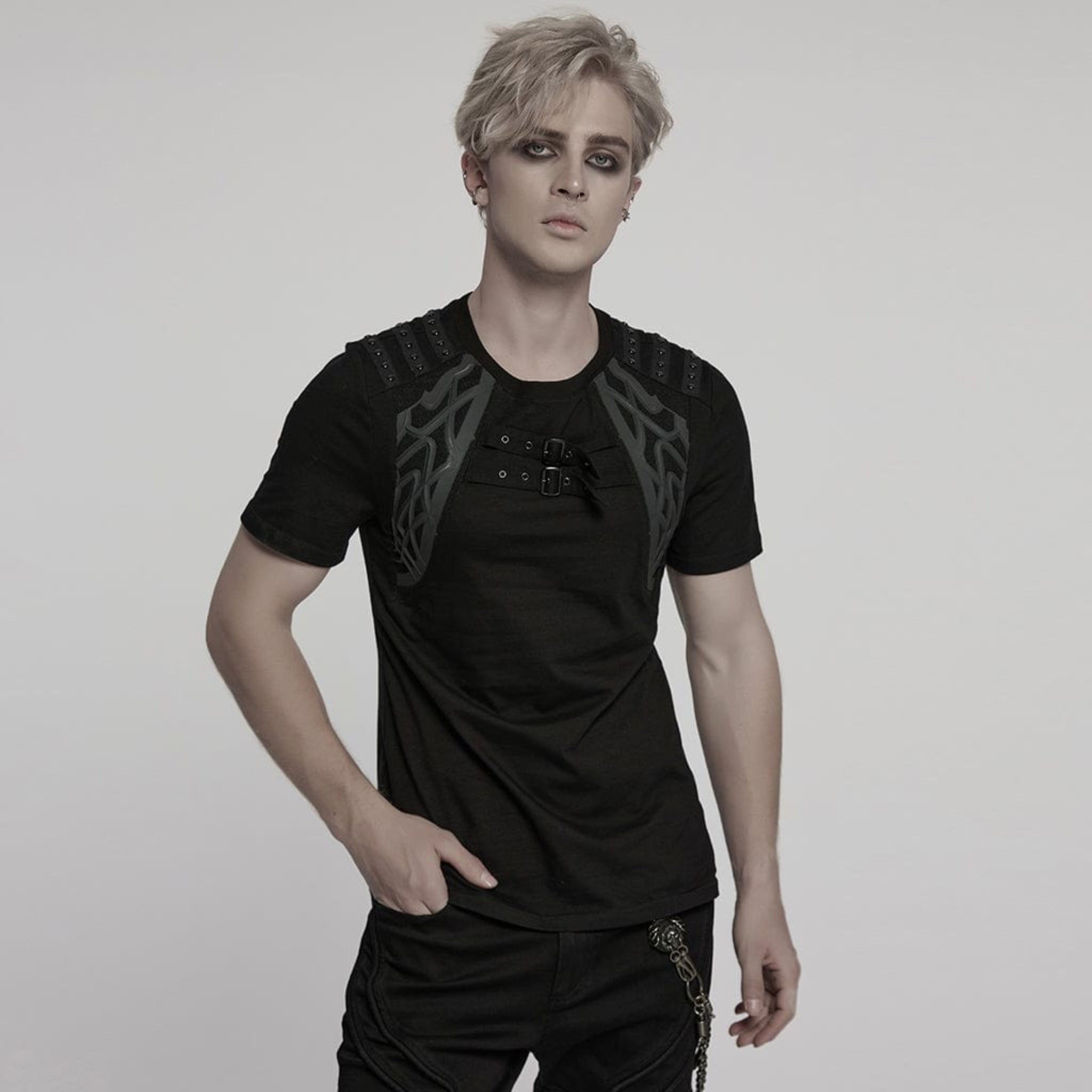 buckle accent punk t-shirt with shoulder details cyberpunk studded strap gothic fitted shirt mesh panels alternative streetwear fetish factory