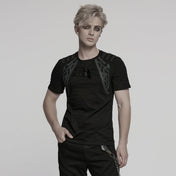 buckle accent punk t-shirt with shoulder details cyberpunk studded strap gothic fitted shirt mesh panels alternative streetwear fetish factory