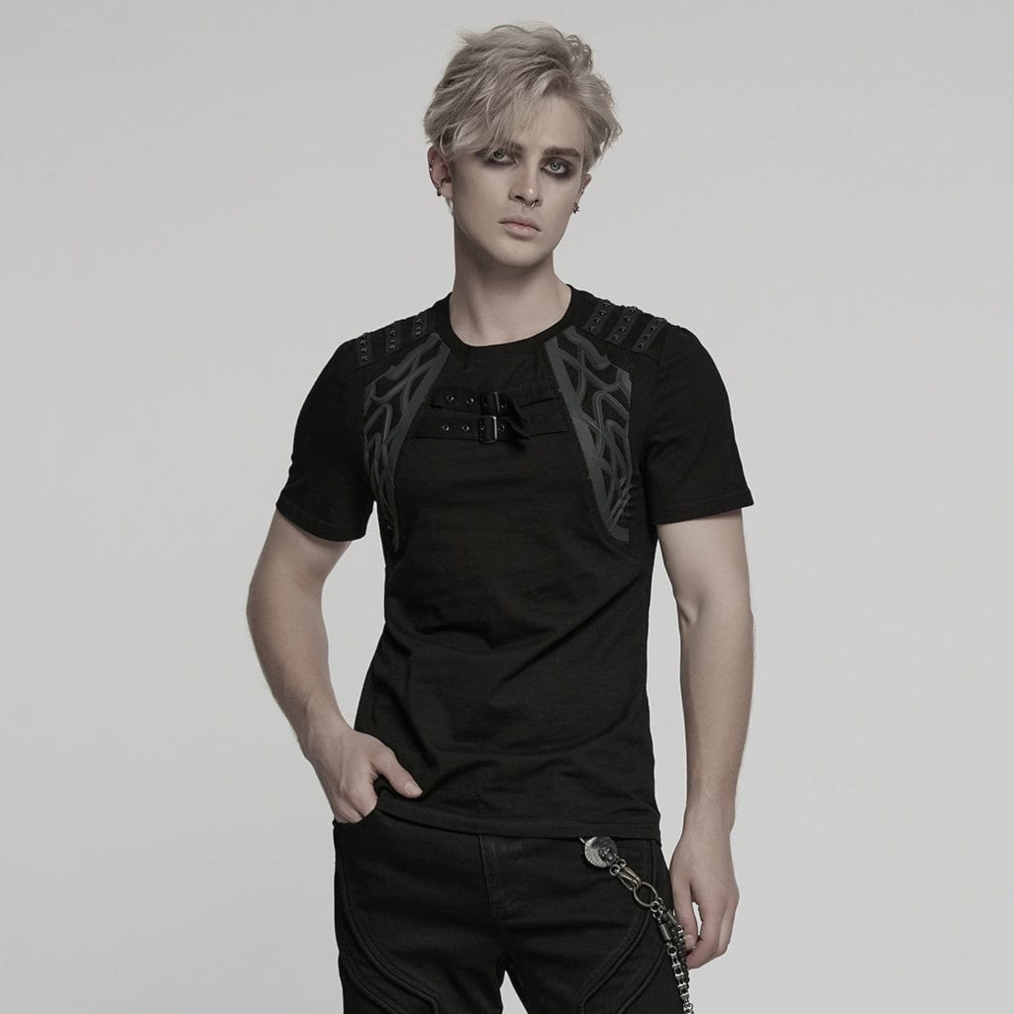 buckle accent punk t-shirt with shoulder details cyberpunk studded strap gothic fitted shirt mesh panels alternative streetwear fetish factory