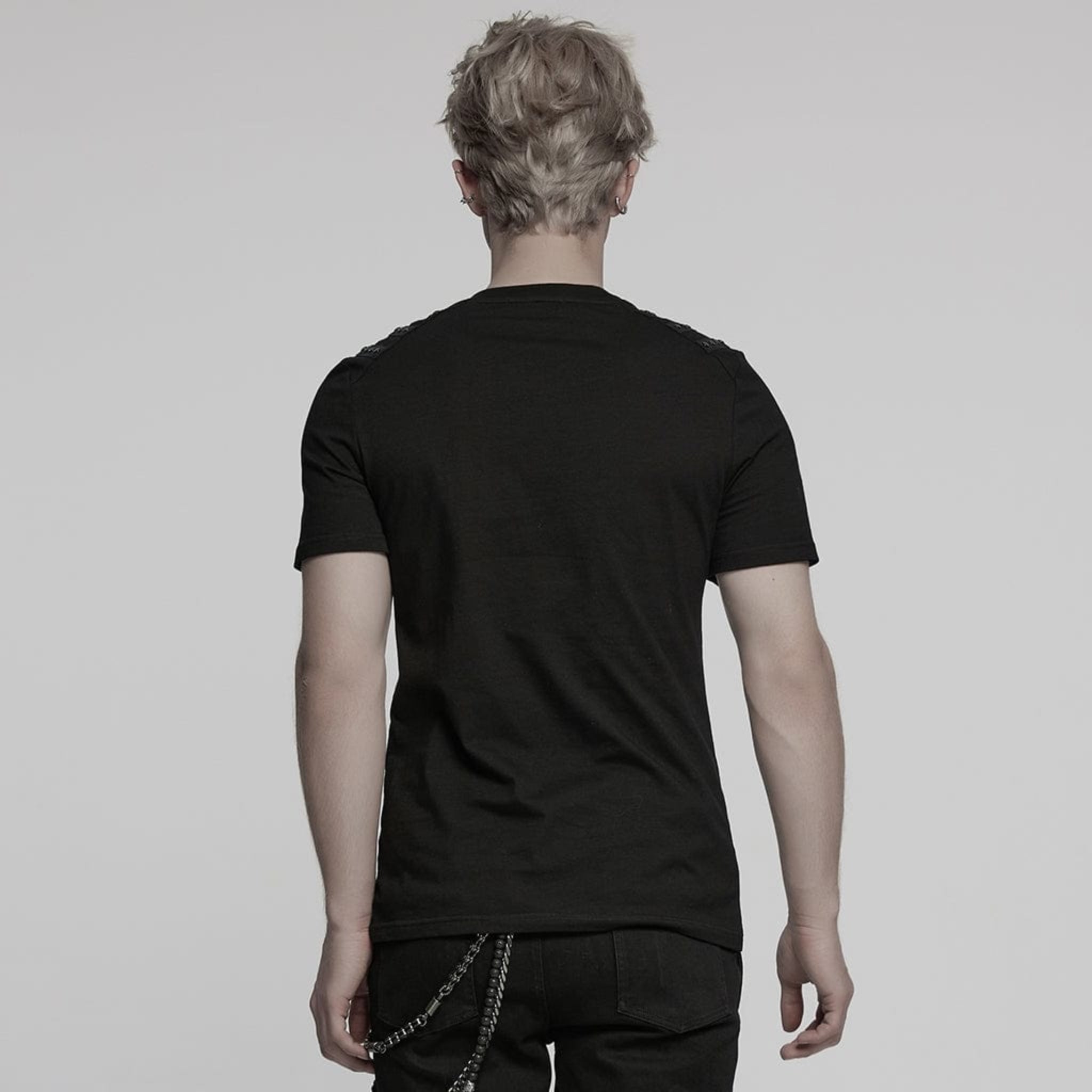 buckle accent punk t-shirt with shoulder details cyberpunk studded strap gothic fitted shirt mesh panels alternative streetwear fetish factory