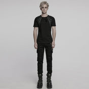 buckle accent punk t-shirt with shoulder details cyberpunk studded strap gothic fitted shirt mesh panels alternative streetwear fetish factory
