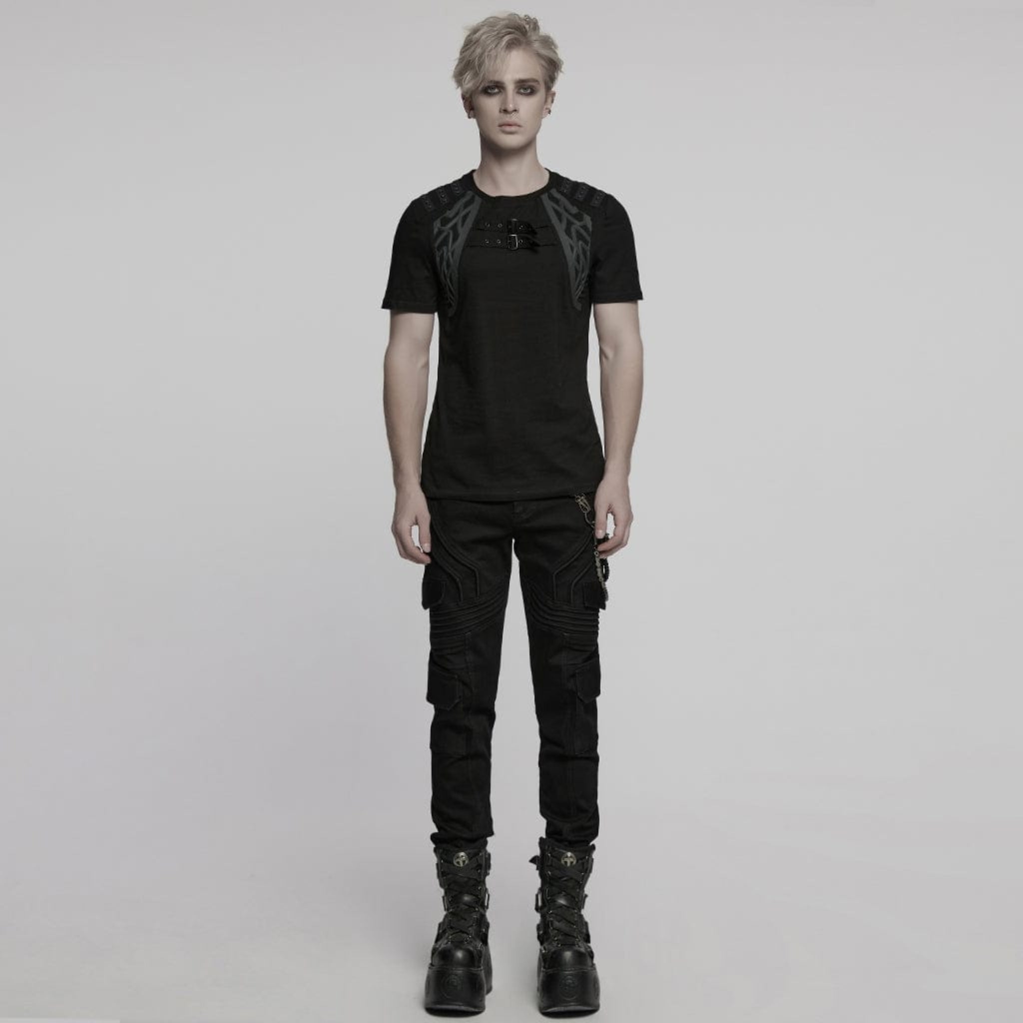 buckle accent punk t-shirt with shoulder details cyberpunk studded strap gothic fitted shirt mesh panels alternative streetwear fetish factory