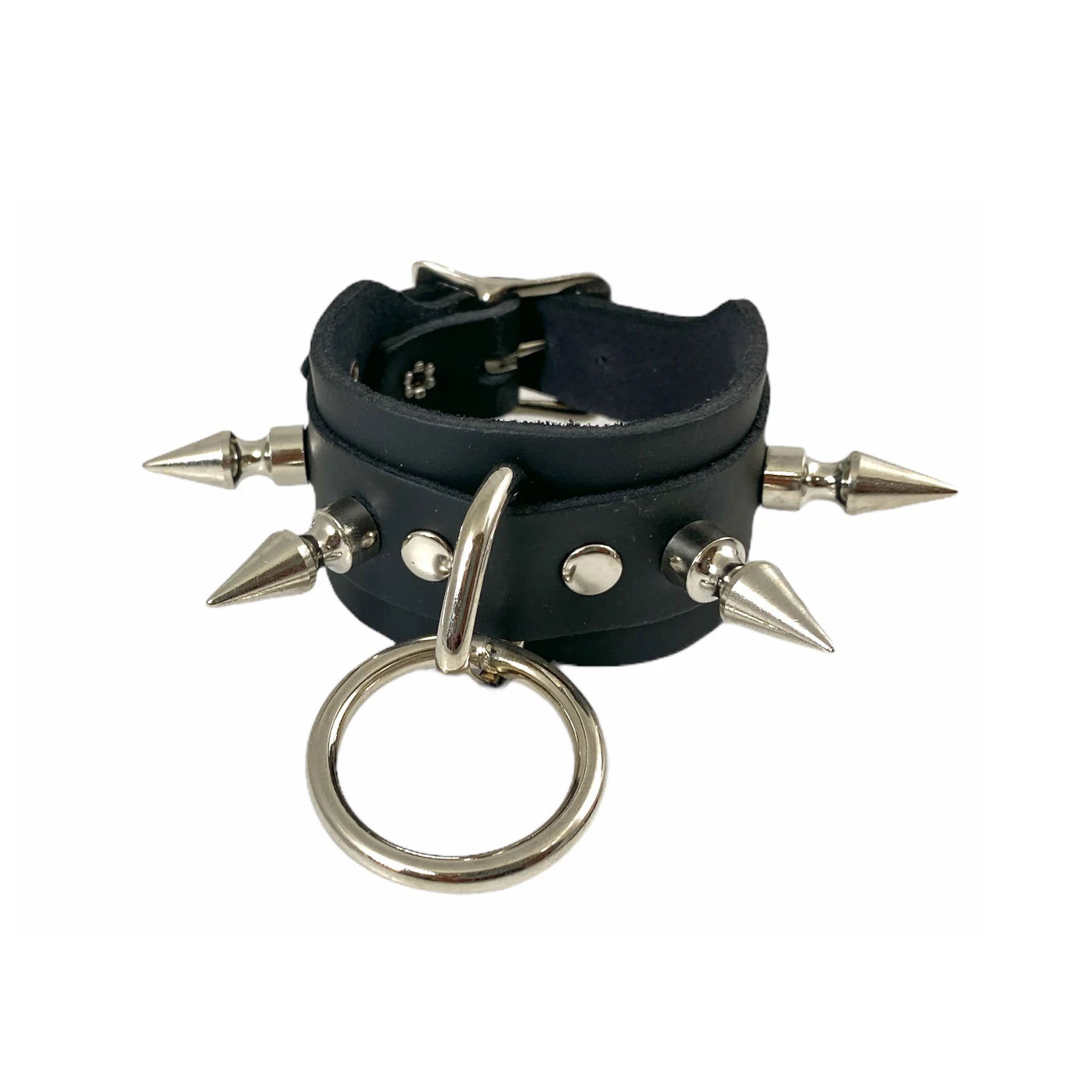 Leather genuine cuff wrist wrist-cuff wristcuff bracelet adjustable buckle O-ring pentagon pentagonal ring spikes spiked spike tree dual-layer double-layer fetish fashion punk rocker goth gothic arm-gear accessories black