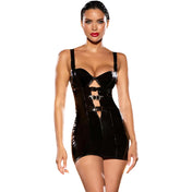 PVC mini dress buckle front mesh back bold edgy sexy.