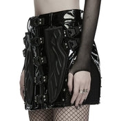 Polyester PU-leather polyamide elastane PVC vinyl mesh apparel bottoms skirt mini-skirt zipper front-zip chunky-zip safety-buckle rubberized mesh-panels close-fit elasticity comfortable mobility rebellious stylish shiny glossy bold layered industrial sleek fetish fashion alt-fashion alternative punk goth gothic cyber cyberpunk clubbing clubwear kink kinky kinkwear costume cosplay halloween afterdark-collection female femme feminine womens black