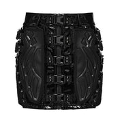 Polyester PU-leather polyamide elastane PVC vinyl mesh apparel bottoms skirt mini-skirt zipper front-zip chunky-zip safety-buckle rubberized mesh-panels close-fit elasticity comfortable mobility rebellious stylish shiny glossy bold layered industrial sleek fetish fashion alt-fashion alternative punk goth gothic cyber cyberpunk clubbing clubwear kink kinky kinkwear costume cosplay halloween afterdark-collection female femme feminine womens black