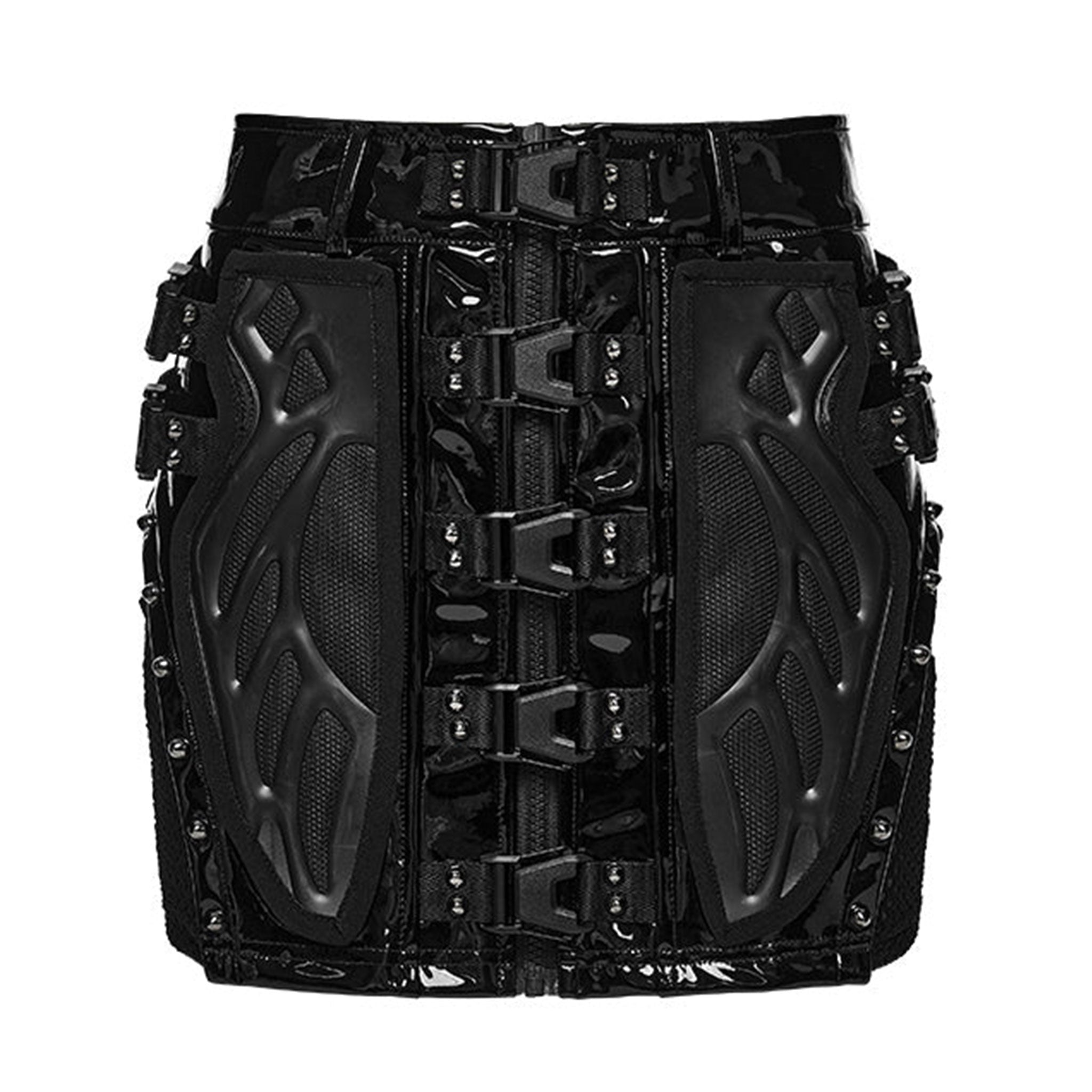 Polyester PU-leather polyamide elastane PVC vinyl mesh apparel bottoms skirt mini-skirt zipper front-zip chunky-zip safety-buckle rubberized mesh-panels close-fit elasticity comfortable mobility rebellious stylish shiny glossy bold layered industrial sleek fetish fashion alt-fashion alternative punk goth gothic cyber cyberpunk clubbing clubwear kink kinky kinkwear costume cosplay halloween afterdark-collection female femme feminine womens black