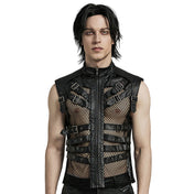 Leather PU-leather woven-fabric polyester elastane cotton mesh fishnet fish-net see-thru see-through seethru apparel top vest adjustable buckle buckling-straps high-neck high-collar mock-turtleneck sleeveless zipper front-zip full-zip hollow lightweight edgy attitude fetish fashion alternative alt-fashion punk goth gothic rave ravewear clubbing clubwear streetwear dark costume cosplay halloween unisex black