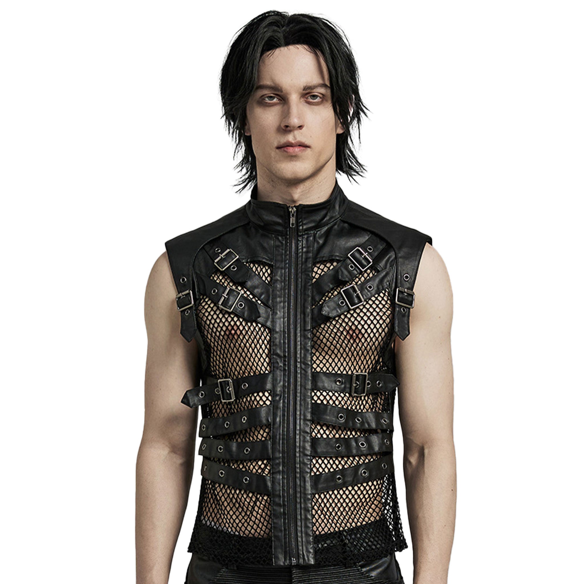 Leather PU-leather woven-fabric polyester elastane cotton mesh fishnet fish-net see-thru see-through seethru apparel top vest adjustable buckle buckling-straps high-neck high-collar mock-turtleneck sleeveless zipper front-zip full-zip hollow lightweight edgy attitude fetish fashion alternative alt-fashion punk goth gothic rave ravewear clubbing clubwear streetwear dark costume cosplay halloween unisex black