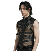 Leather PU-leather woven-fabric polyester elastane cotton mesh fishnet fish-net see-thru see-through seethru apparel top vest adjustable buckle buckling-straps high-neck high-collar mock-turtleneck sleeveless zipper front-zip full-zip hollow lightweight edgy attitude fetish fashion alternative alt-fashion punk goth gothic rave ravewear clubbing clubwear streetwear dark costume cosplay halloween unisex black