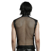 Leather PU-leather woven-fabric polyester elastane cotton mesh fishnet fish-net see-thru see-through seethru apparel top vest adjustable buckle buckling-straps high-neck high-collar mock-turtleneck sleeveless zipper front-zip full-zip hollow lightweight edgy attitude fetish fashion alternative alt-fashion punk goth gothic rave ravewear clubbing clubwear streetwear dark costume cosplay halloween unisex black