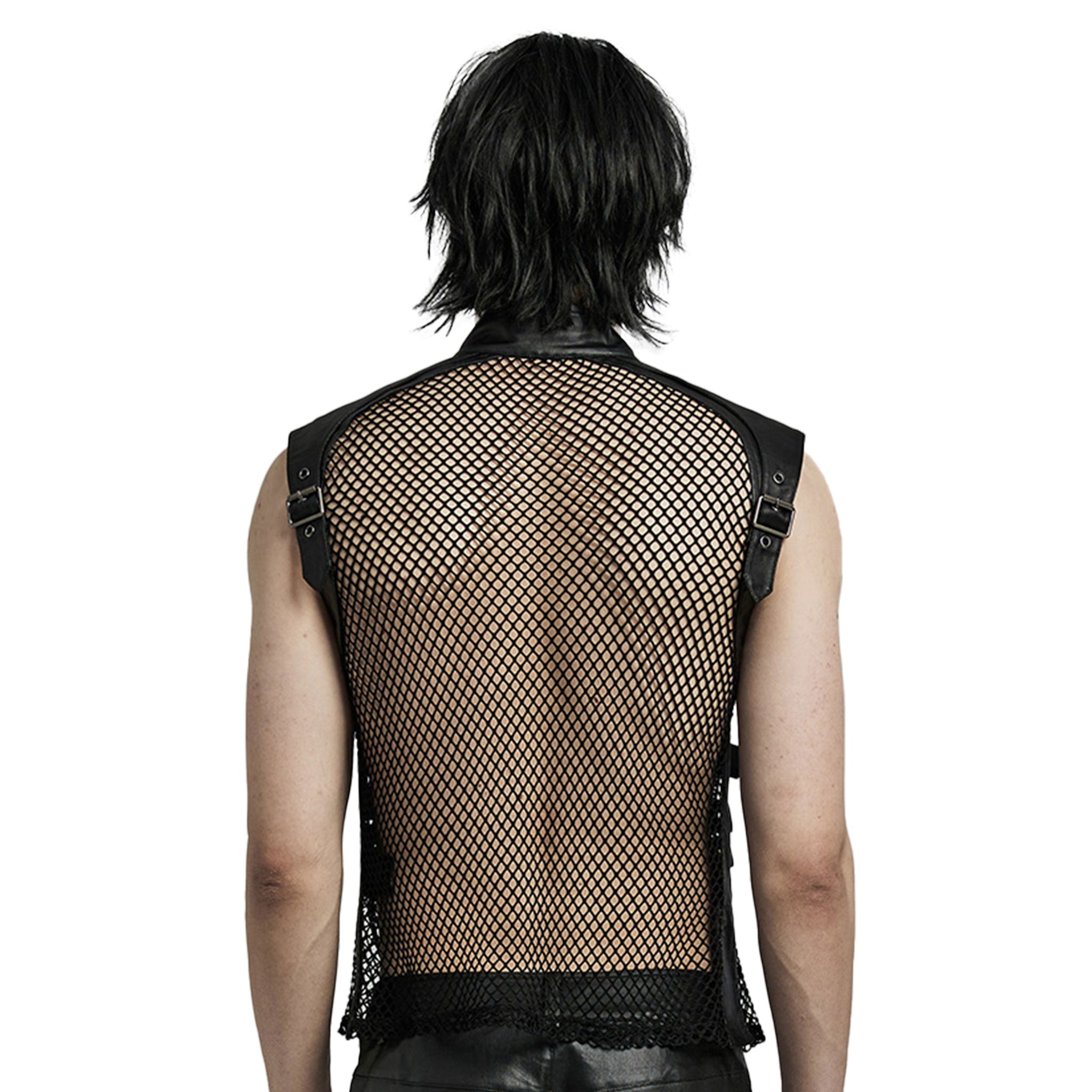 Leather PU-leather woven-fabric polyester elastane cotton mesh fishnet fish-net see-thru see-through seethru apparel top vest adjustable buckle buckling-straps high-neck high-collar mock-turtleneck sleeveless zipper front-zip full-zip hollow lightweight edgy attitude fetish fashion alternative alt-fashion punk goth gothic rave ravewear clubbing clubwear streetwear dark costume cosplay halloween unisex black