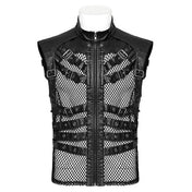 Leather PU-leather woven-fabric polyester elastane cotton mesh fishnet fish-net see-thru see-through seethru apparel top vest adjustable buckle buckling-straps high-neck high-collar mock-turtleneck sleeveless zipper front-zip full-zip hollow lightweight edgy attitude fetish fashion alternative alt-fashion punk goth gothic rave ravewear clubbing clubwear streetwear dark costume cosplay halloween unisex black