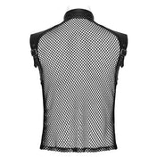 Leather PU-leather woven-fabric polyester elastane cotton mesh fishnet fish-net see-thru see-through seethru apparel top vest adjustable buckle buckling-straps high-neck high-collar mock-turtleneck sleeveless zipper front-zip full-zip hollow lightweight edgy attitude fetish fashion alternative alt-fashion punk goth gothic rave ravewear clubbing clubwear streetwear dark costume cosplay halloween unisex black