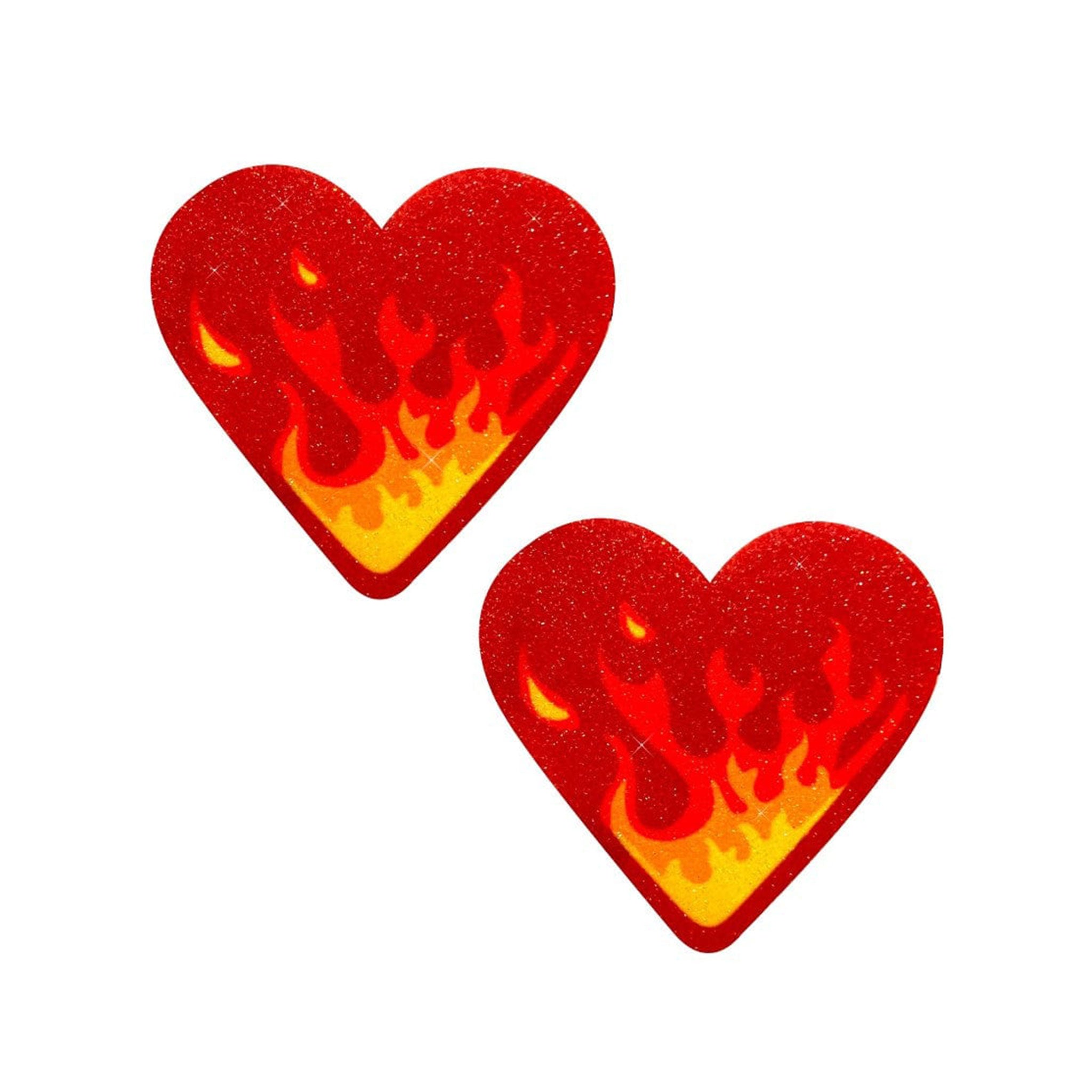 Adhesive medical-grade swimsuit-material glitter hypoallergenic latex-free accessories intimates nipple pasties nipple-pasties nipple-covers breast-covers breast-shields heart-shaped love fire flame burning energy rave ravewear rave-bae raver-babe festival clubwear dancewear costume cosplay halloween valentines female femme feminine womens red