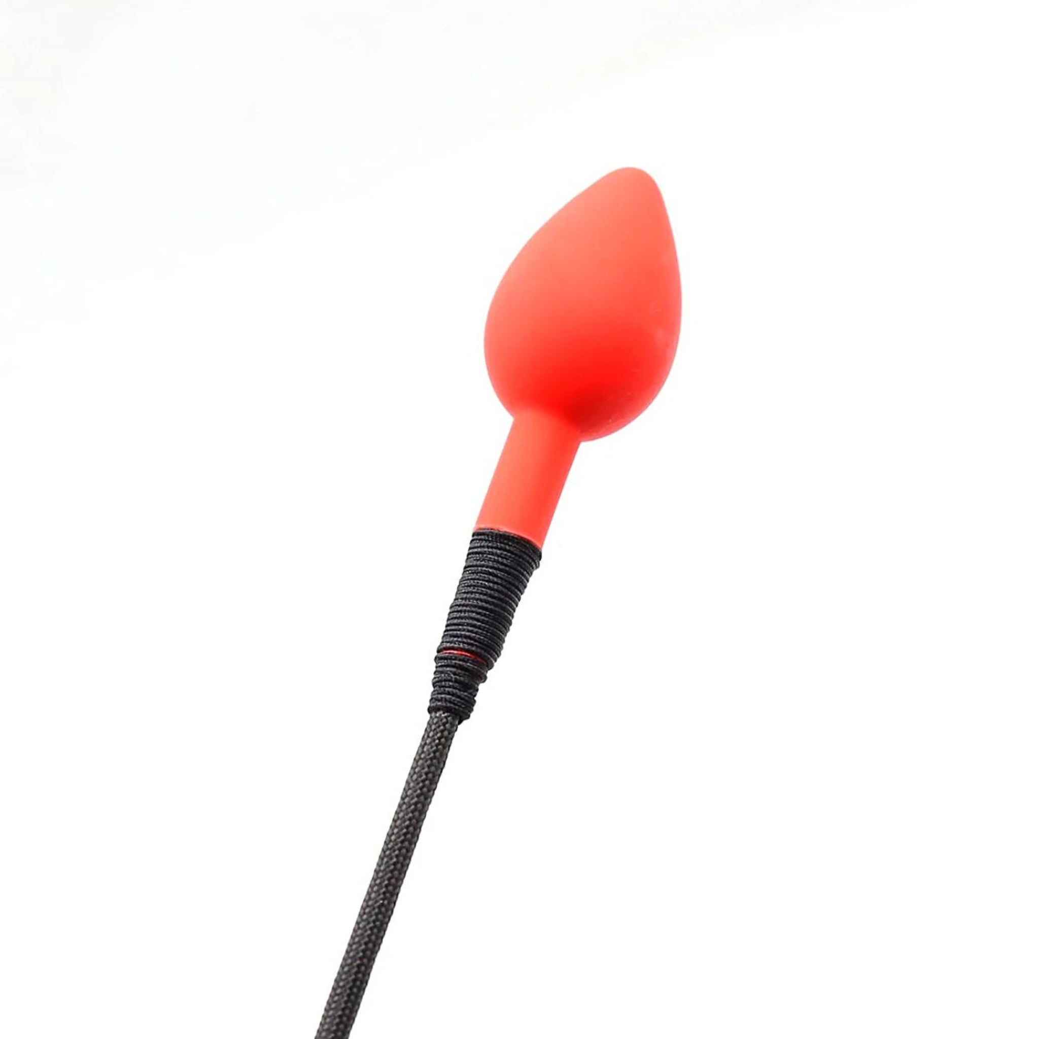 Red riding crop, rose-shaped tip, BDSM whip, impact play, spanking toy, roleplay accessory, fetish gear.