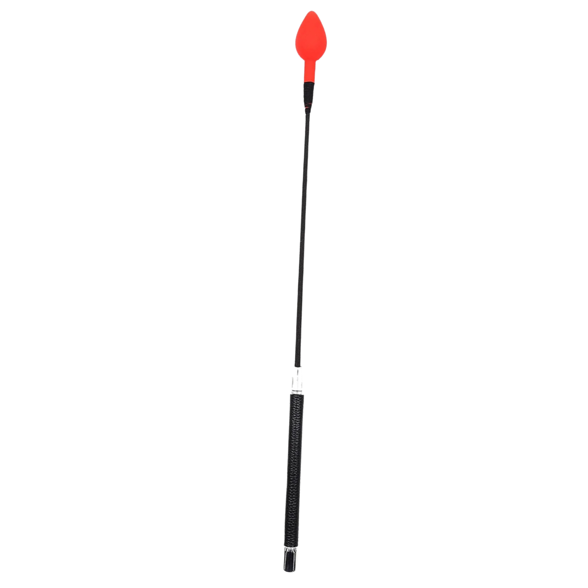Red riding crop, rose-shaped tip, BDSM whip, impact play, spanking toy, roleplay accessory, fetish gear.