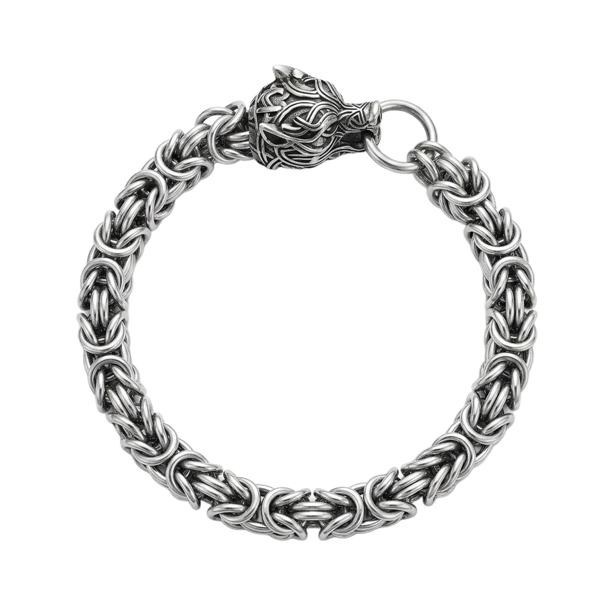 Aluminum bright-aluminum stainless-steel accessories jewelry bracelet byzantine chainmail chain-mail wolf-head maille-jewelry woven-pattern lightweight stylish trendy statement-piece fashion alt-fashion alternative punk goth gothic celtic nordic norse viking biker rocker boho bohemian festival casual costume cosplay witch medieval gift holiday-gift unisex silver