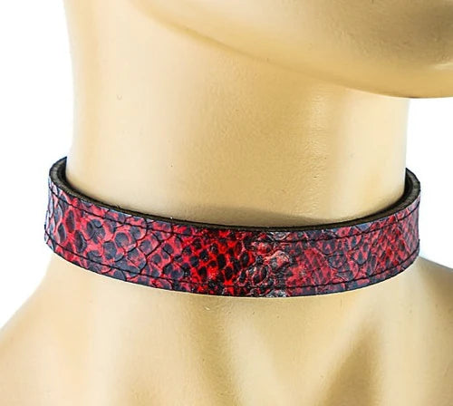 Snake Print Choker w Buckle Red & Black