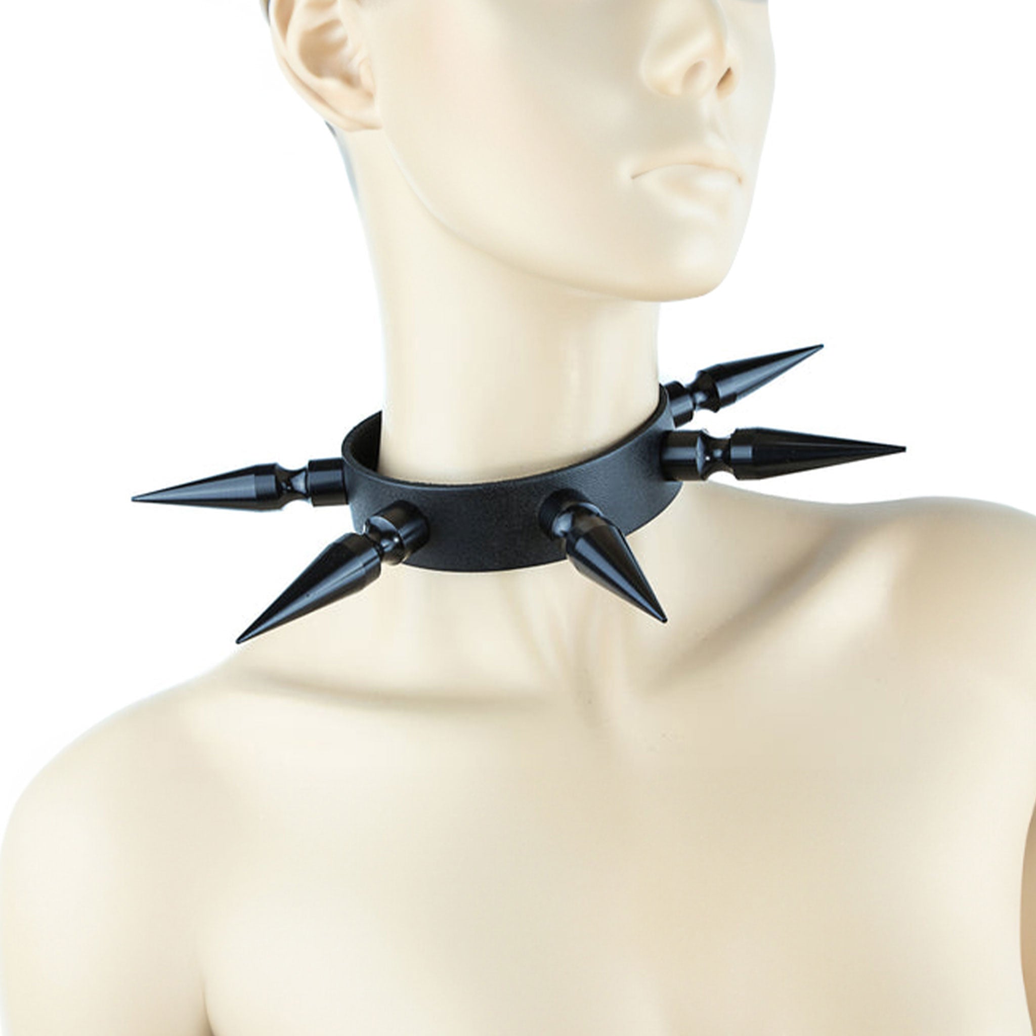 Leather collar large spikes bondage bdsm choker leads leash kinky black