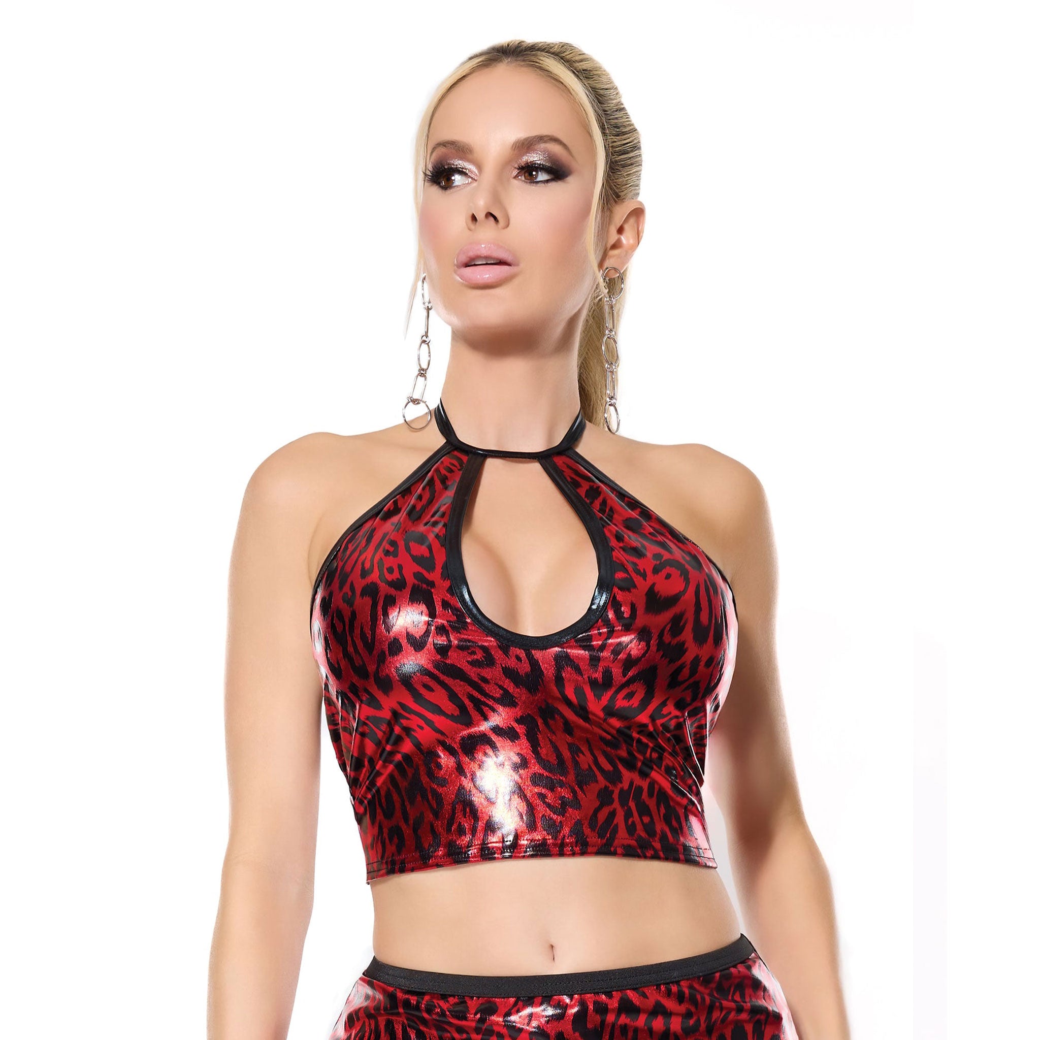 PVC crop top keyhole halter neck sleeveless animal print red