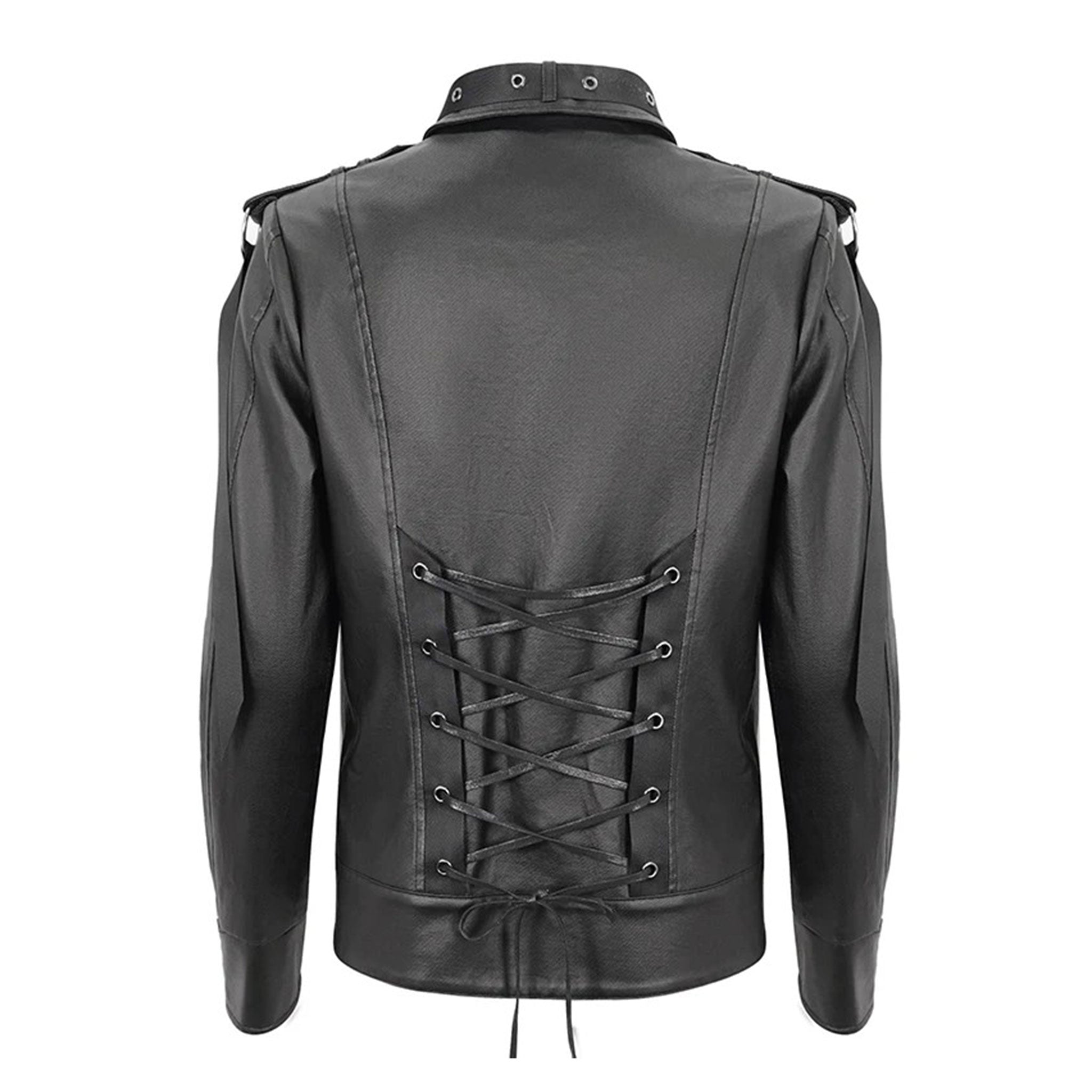 Flat nail studded PU faux leather jacket coat long sleeve long-sleeve long sleeved sleeve shoulder pads removable straps strapped webbing snap-button push-button lace-up back punk O-ring wild free alt-fashion bold edgy black 