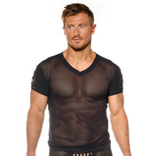 Polyamide elastane mesh fishnet fish-net sheer semi-transparent transparent top shirt t-shirt muscle-shirt shortsleeve short-sleeve sleeves sleeved 
cage muzzle cage-sleeve pyramid-stud studded-sleeves smooth stretchy fetish fashion alt-fashion bdsm bdsm-gear clubwear rave ravewear festival extravagant party male masculine masc mens menswear dudes guys black