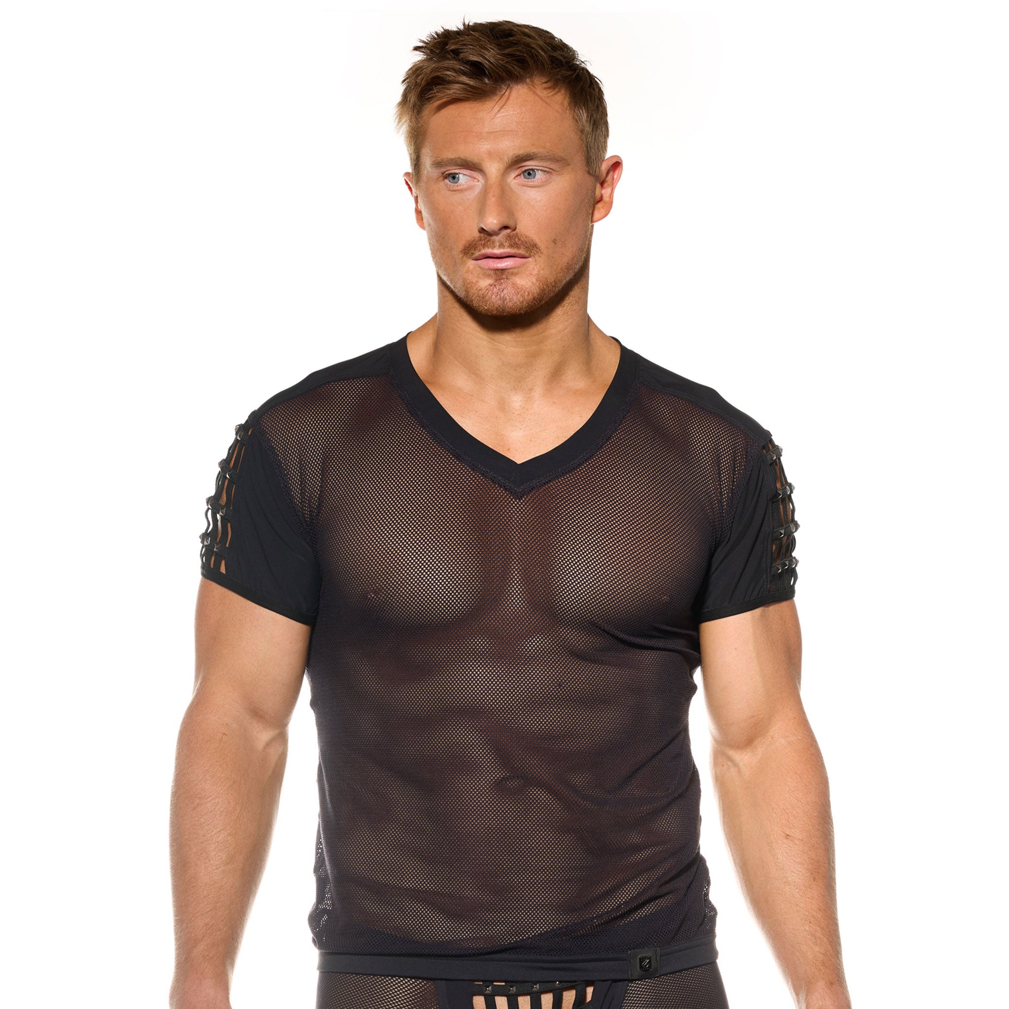 Polyamide elastane mesh fishnet fish-net sheer semi-transparent transparent top shirt t-shirt muscle-shirt shortsleeve short-sleeve sleeves sleeved 
cage muzzle cage-sleeve pyramid-stud studded-sleeves smooth stretchy fetish fashion alt-fashion bdsm bdsm-gear clubwear rave ravewear festival extravagant party male masculine masc mens menswear dudes guys black