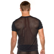 Polyamide elastane mesh fishnet fish-net sheer semi-transparent transparent top shirt t-shirt muscle-shirt shortsleeve short-sleeve sleeves sleeved 
cage muzzle cage-sleeve pyramid-stud studded-sleeves smooth stretchy fetish fashion alt-fashion bdsm bdsm-gear clubwear rave ravewear festival extravagant party male masculine masc mens menswear dudes guys black