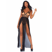Polyester mesh sheer transparent seethru see-thru see-through apparel intimates lingerie lingerie-set 2pc 2-pc 2-piece two-piece panty panties thong G-string dress skirt long maxi-dress dual-slit leg-slit open-top cage-top open-cups strappy-bodice sexy stretchy breathable body-hugging daring fetish fashion alt-fashion poolside coverup cover-up female femme feminine womens black