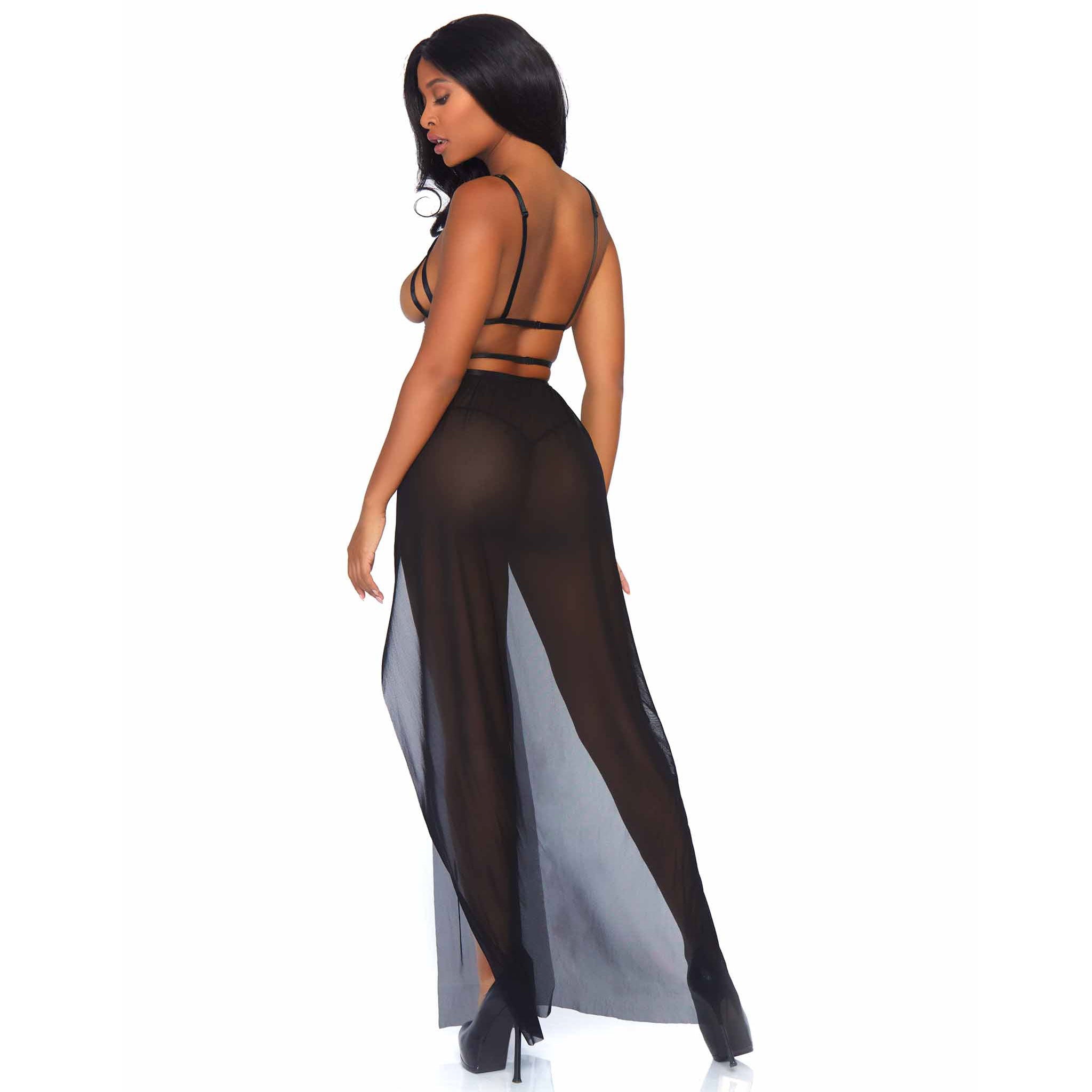 Polyester mesh sheer transparent seethru see-thru see-through apparel intimates lingerie lingerie-set 2pc 2-pc 2-piece two-piece panty panties thong G-string dress skirt long maxi-dress dual-slit leg-slit open-top cage-top open-cups strappy-bodice sexy stretchy breathable body-hugging daring fetish fashion alt-fashion poolside coverup cover-up female femme feminine womens black