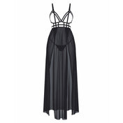 Polyester mesh sheer transparent seethru see-thru see-through apparel intimates lingerie lingerie-set 2pc 2-pc 2-piece two-piece panty panties thong G-string dress skirt long maxi-dress dual-slit leg-slit open-top cage-top open-cups strappy-bodice sexy stretchy breathable body-hugging daring fetish fashion alt-fashion poolside coverup cover-up female femme feminine womens black