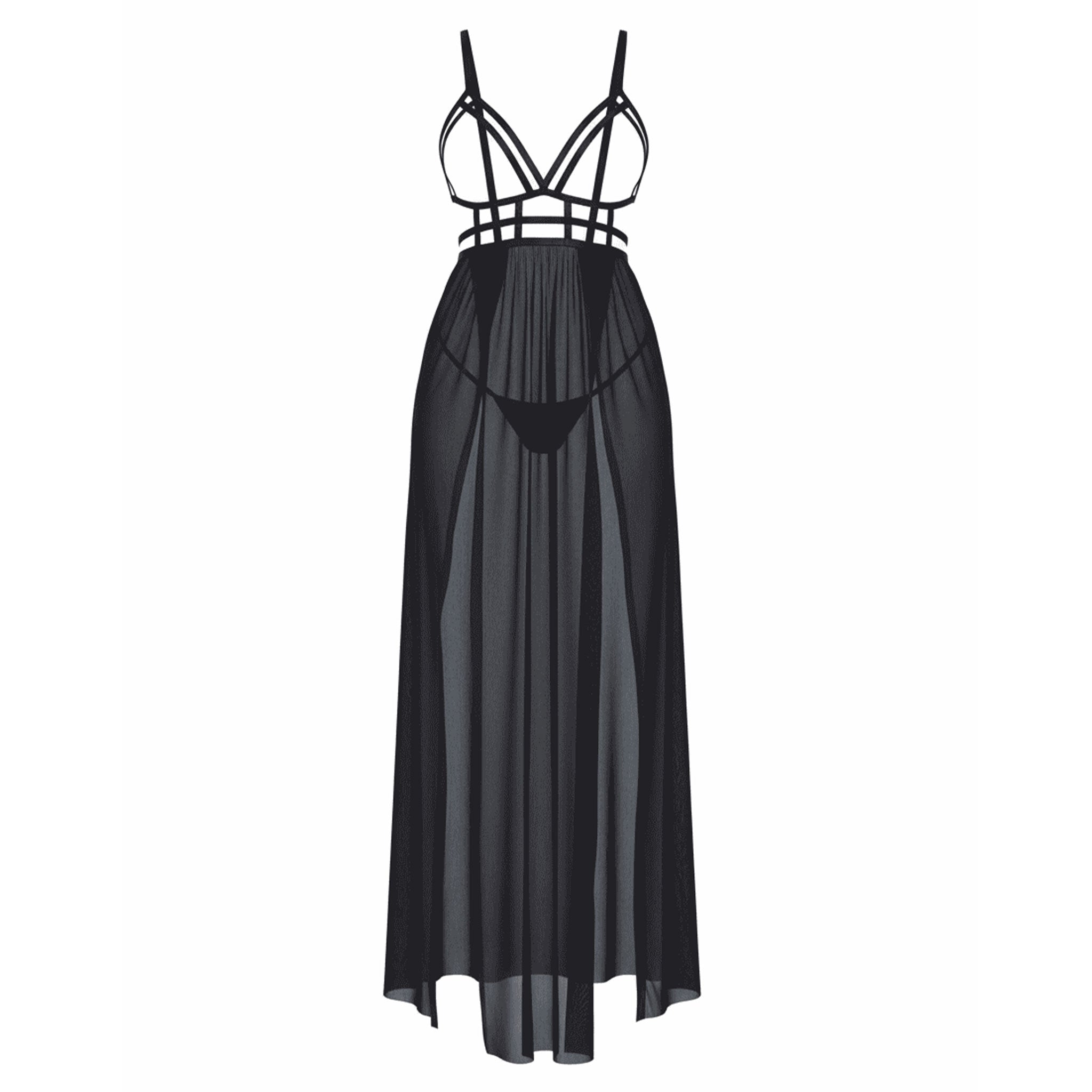 Polyester mesh sheer transparent seethru see-thru see-through apparel intimates lingerie lingerie-set 2pc 2-pc 2-piece two-piece panty panties thong G-string dress skirt long maxi-dress dual-slit leg-slit open-top cage-top open-cups strappy-bodice sexy stretchy breathable body-hugging daring fetish fashion alt-fashion poolside coverup cover-up female femme feminine womens black