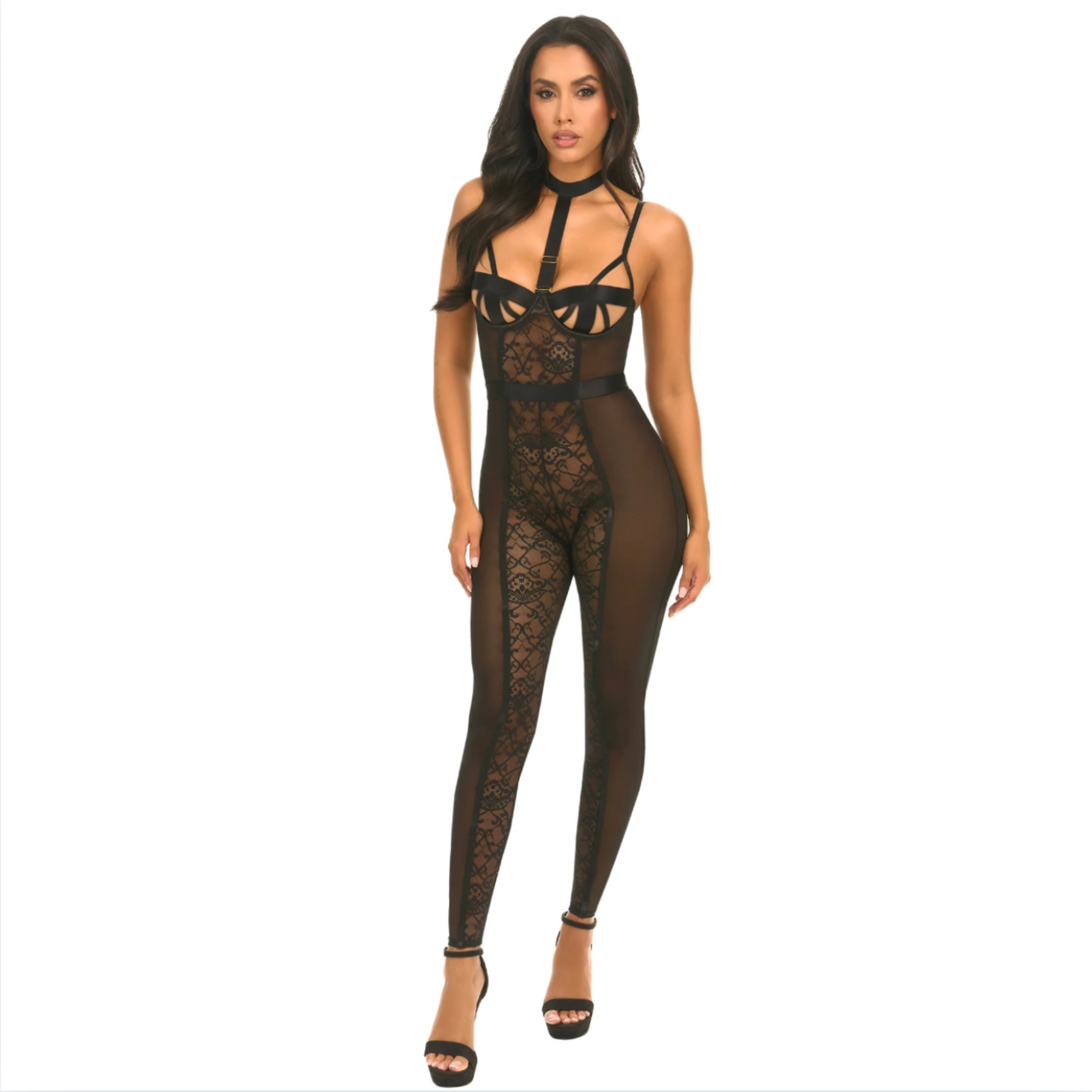 Caged lace mesh sleeveless catsuit bold alluring design.